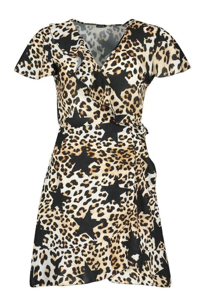 Womens Satin Star Leopard Wrap Tea Dress - beige - 8, Beige