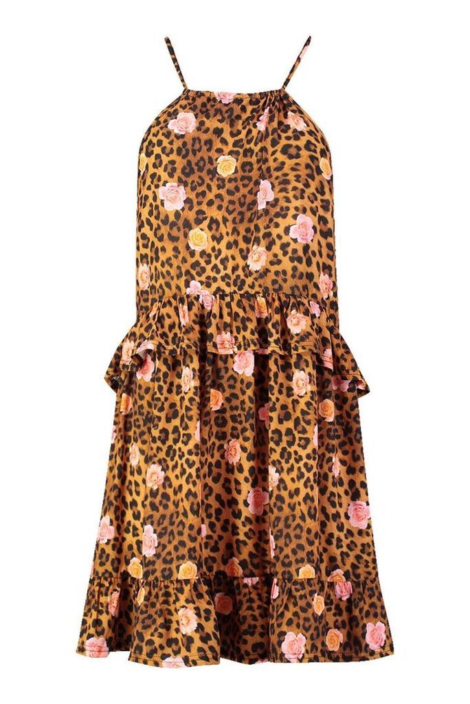 Womens Floral Leopard Halter Neck Smock Dress - multi - 14, Multi
