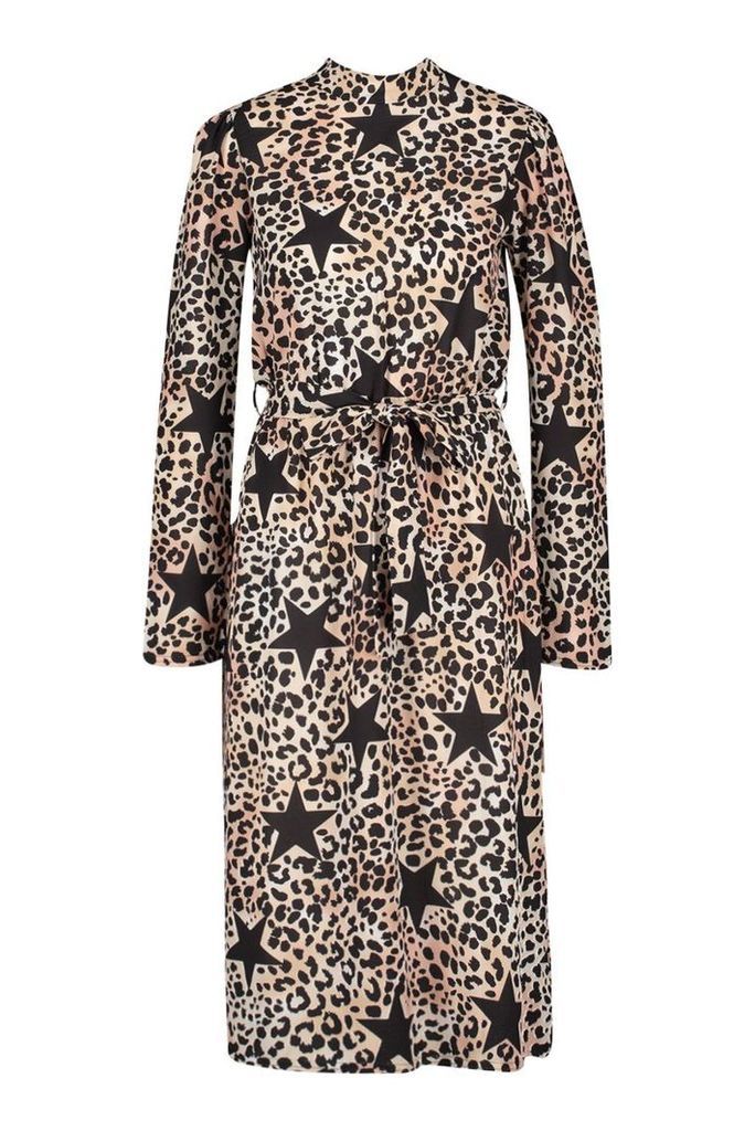 Womens Leopard Star Print High Neck Belted Midi Dress - brown - 8, Brown