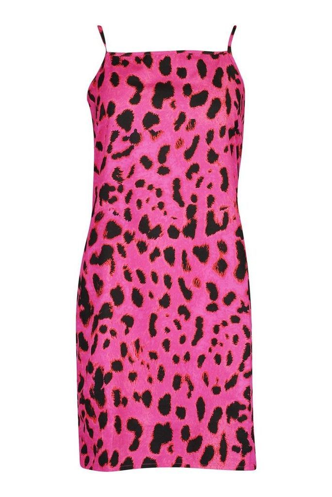 Womens Leopard Print Square Neck Slip Mini Dress - Pink - 10, Pink