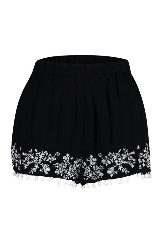 Womens Embroidered Pom Pom Shorts - black - M/L, Black