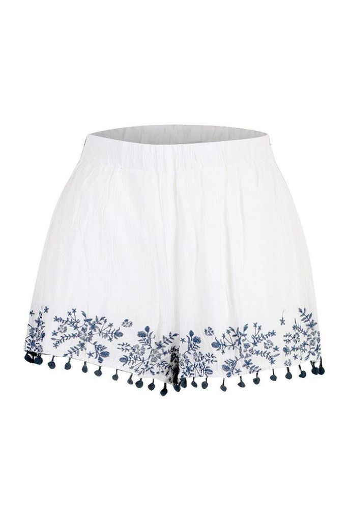 Womens Embroidered Pom Pom Shorts - white - M/L, White