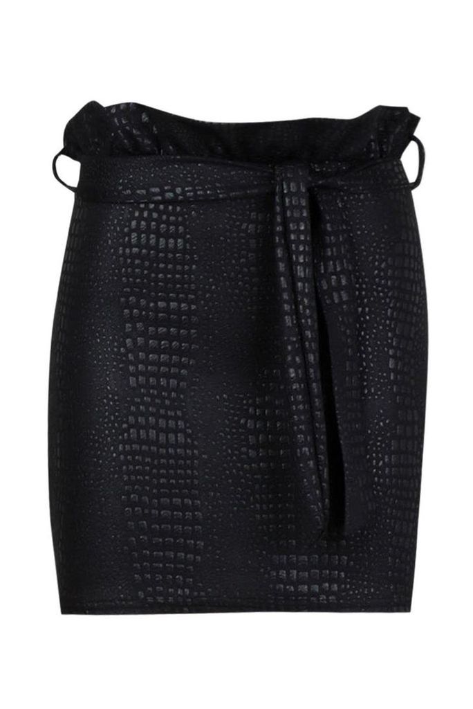 Womens Snake Embossed Paperbag Tie Waist Skirt - black - 8, Black