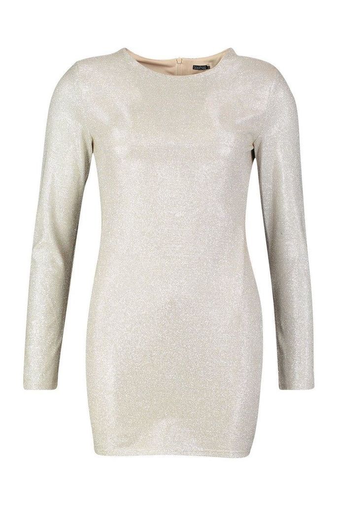 Womens High Shine Diamante Effect Bodycon Mini Dress - beige - M, Beige