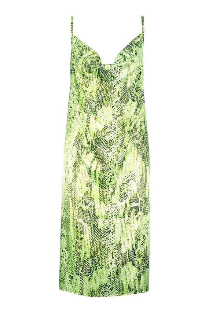 Womens Satin Snake Cowl Neck Midi Slip Dress - green - 8, Green