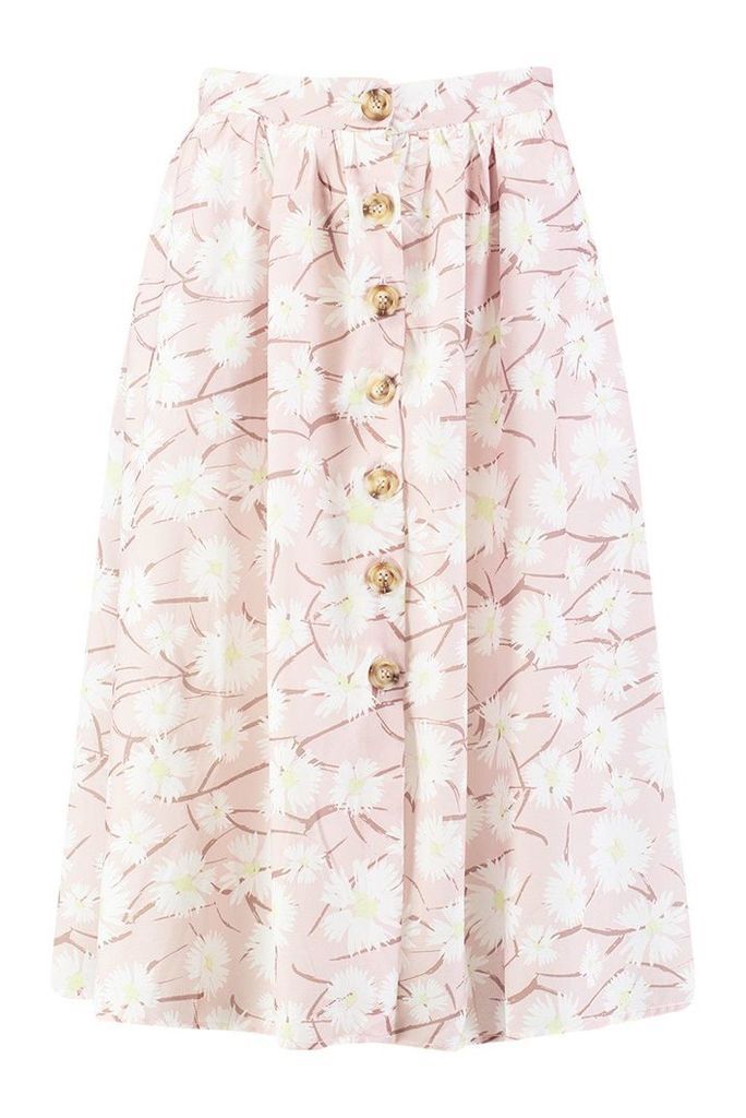Womens Button Through Daisy Woven Midi Skirt - Pink - 14, Pink