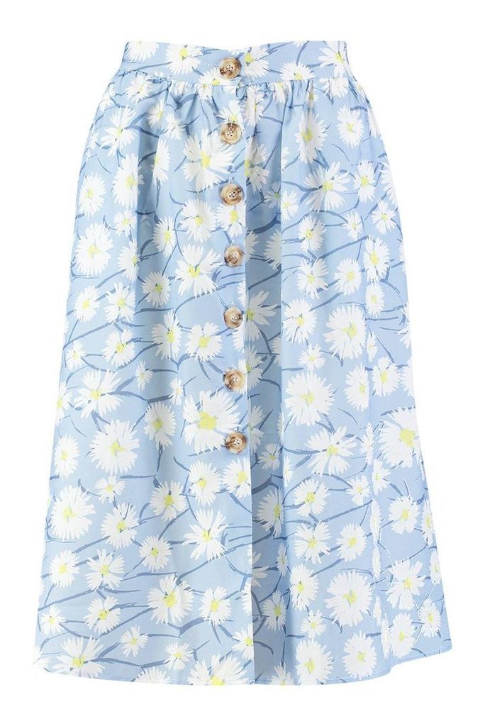 Womens Button Through Daisy Woven Midi Skirt - blue - 10, Blue