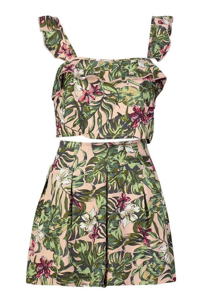 Womens Tropical Print Frill Bralet & Flippy Short Co-Ord - Pink - 14, Pink