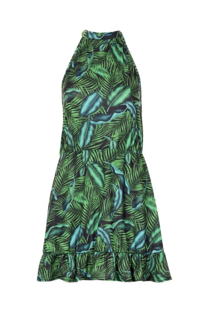 Womens All Sizes Halterneck Tie Neck Palm Sundress - green - 24, Green