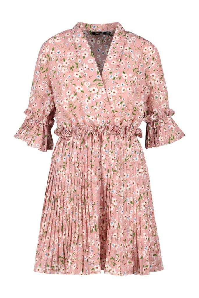 Womens Floral Print Pleated Frill Smock Dress - Pink - 8, Pink