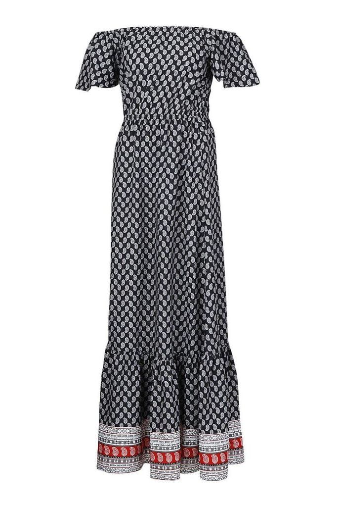 Womens Off The Shoulder Boarder Print Maxi Dress - black - 10, Black