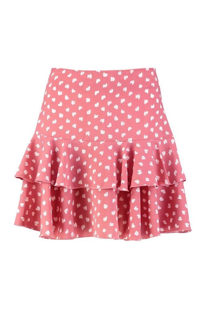 Womens Abstract Polka Dot Ruffle Hem Mini Skirt - Pink - 10, Pink
