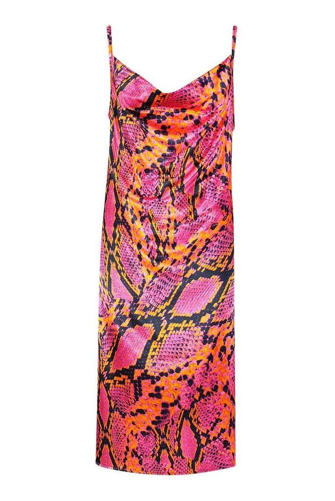 Womens Satin Snake Print Cowl Neck Slip Dress - Pink - 14, Pink