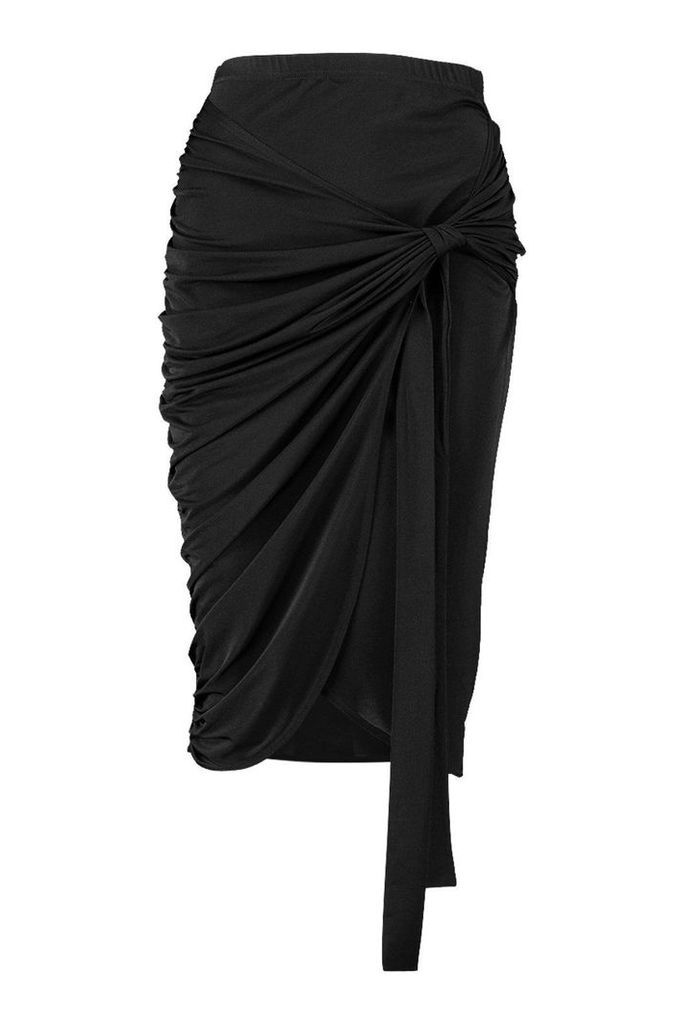 Womens Slinky Wrap Tie Ruched Midi Skirt - Black - 6, Black