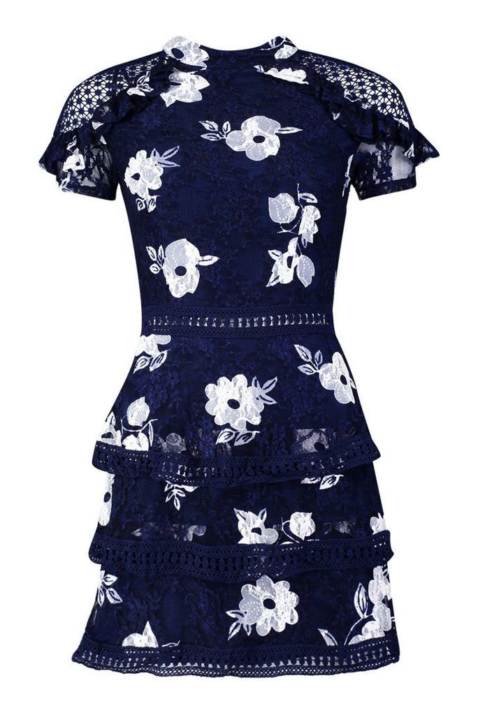 Womens Floral Lace Tiered Mini Dress - navy - 10, Navy