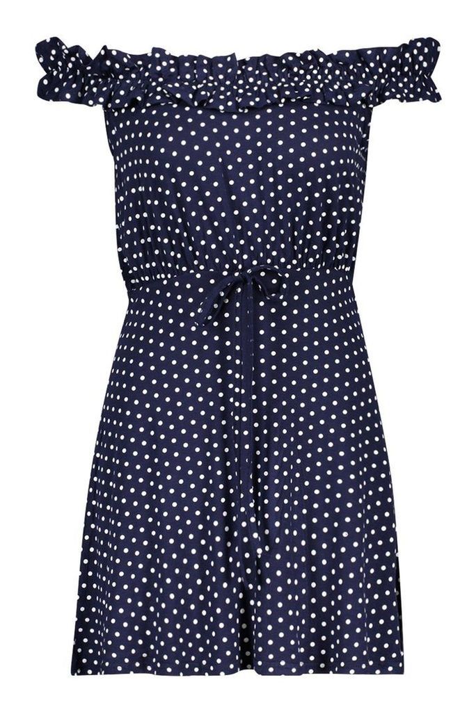 Womens Spot Ruffle Bardot Tie Waist Mini Dress - navy - 8, Navy
