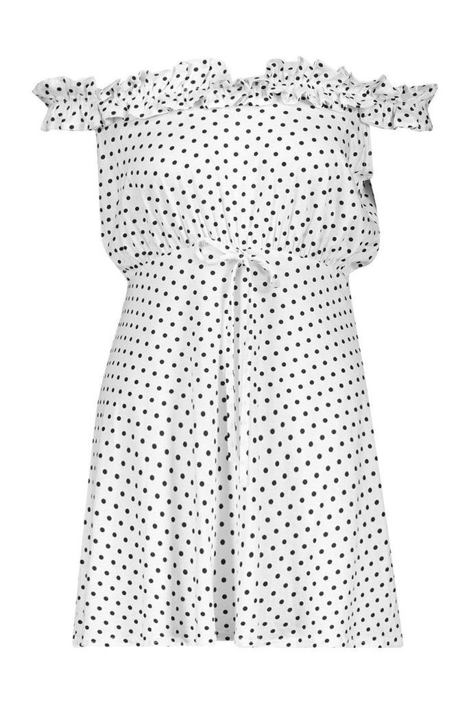 Womens Spot Ruffle Bardot Tie Waist Mini Dress - White - 14, White