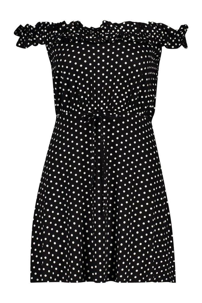 Womens Spot Ruffle Bardot Tie Waist Mini Dress - Black - 14, Black