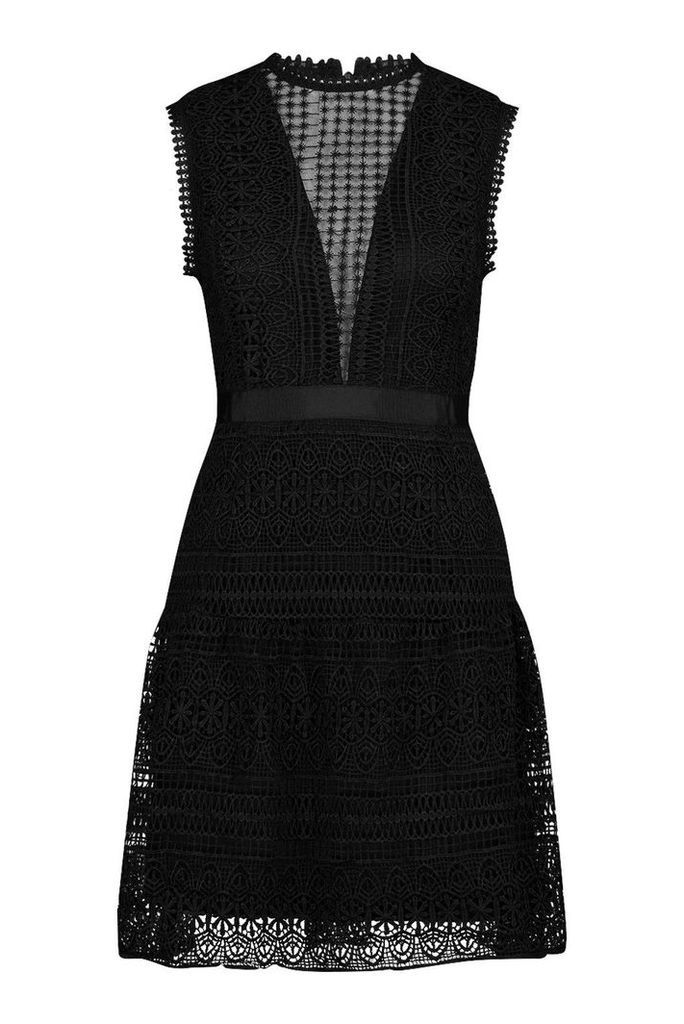 Womens All Over Crochet Dress - black - S, Black