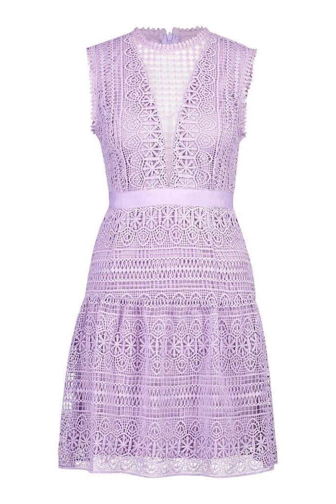 Womens All Over Crochet Dress - purple - L, Purple