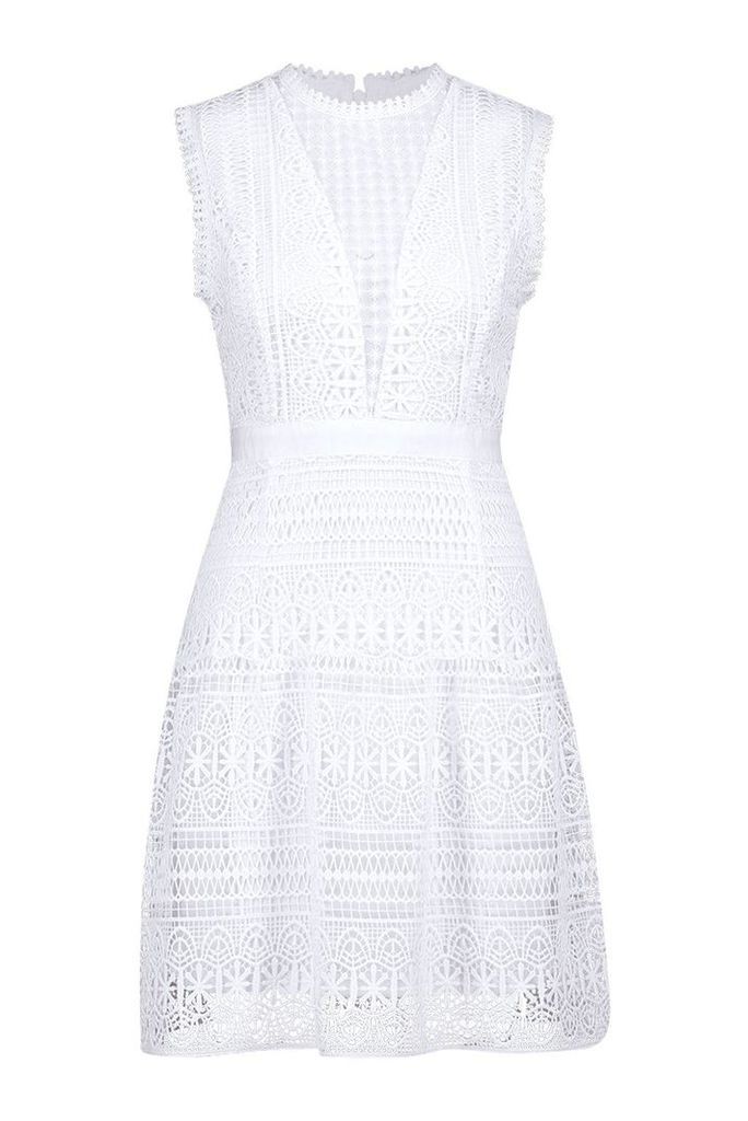Womens All Over Crochet Dress - white - L, White