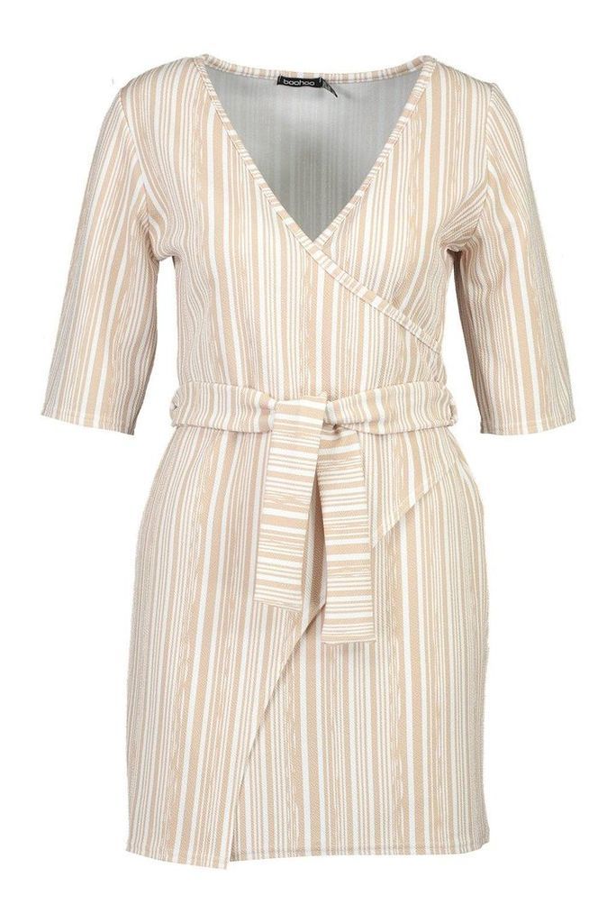 Womens Stripe Detail Wrap Dress - beige - 14, Beige