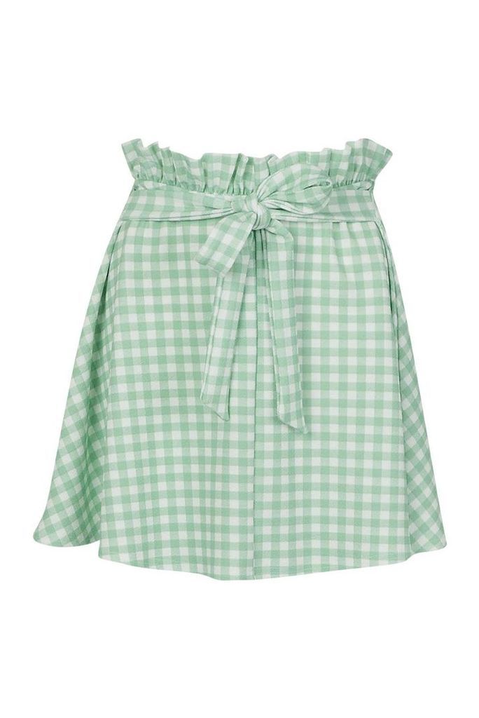 Womens Paperbag Check Waist Gingham Skater Skirt - green - 12, Green