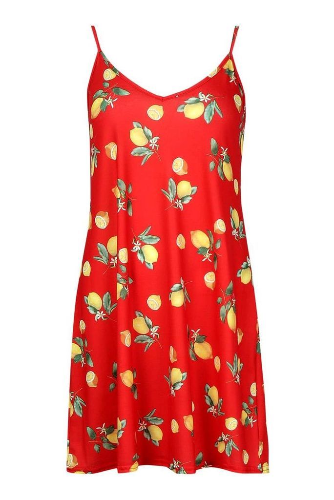 Womens Lemon Print Strappy Swing Dress - red - 8, Red