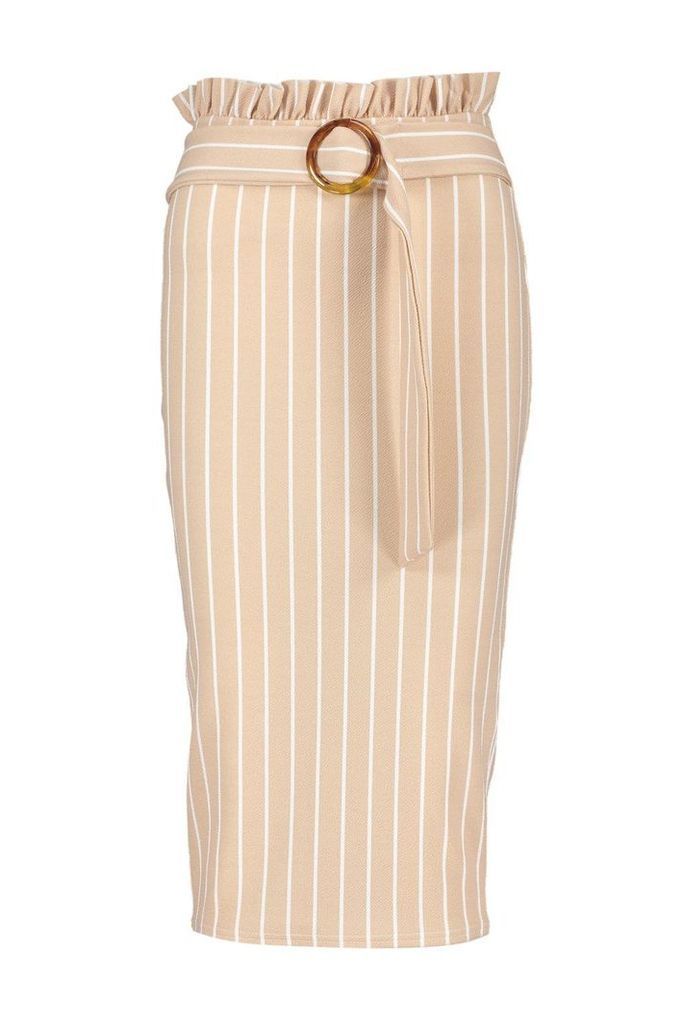 Womens Tonal Stripe Paperbag Midi Skirt - beige - 16, Beige