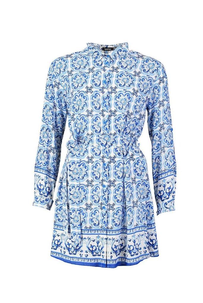 Womens Tile Print Shirt Dress - blue - 8, Blue