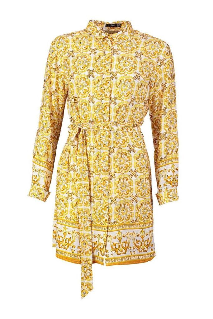 Womens Tile Print Shirt Dress - yellow - 14, Yellow