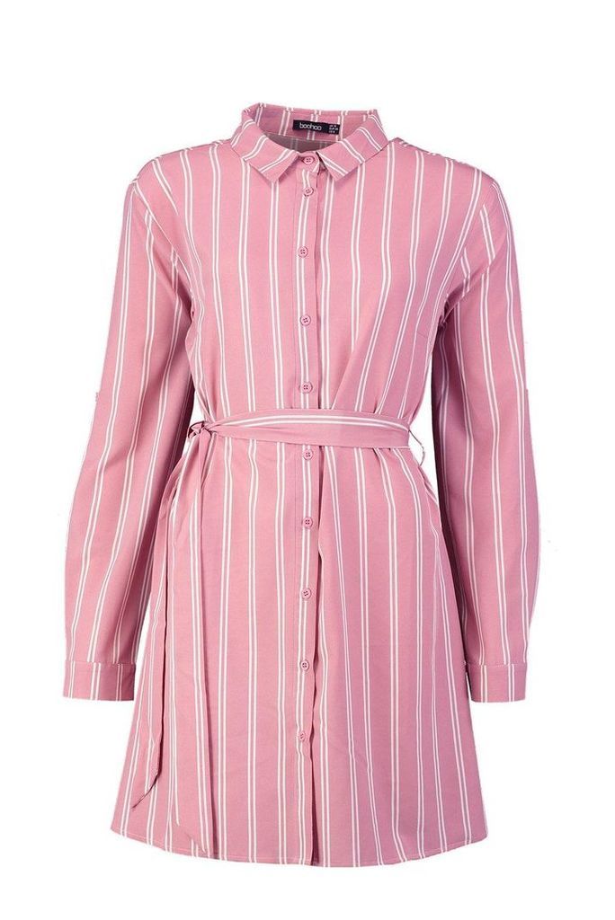Womens Stripe Print Shirt Dress - pink - 10, Pink