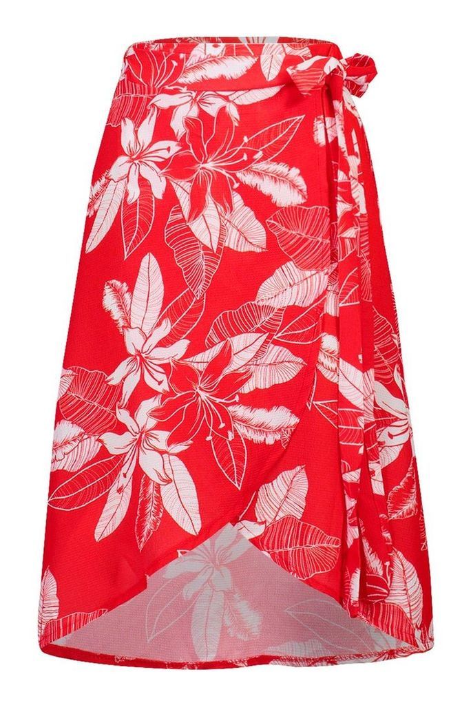 Womens Floral Wrap Tie Midi Skirt - red - 10, Red