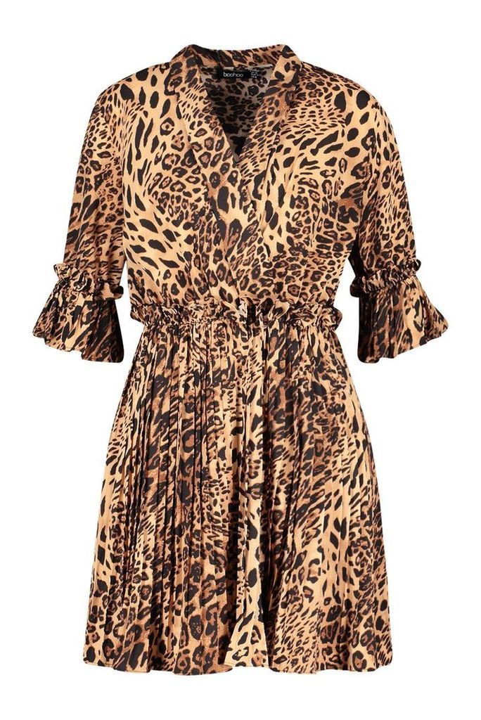 Womens Leopard Print Pleated Frill Smock Dress - brown - 10, Brown