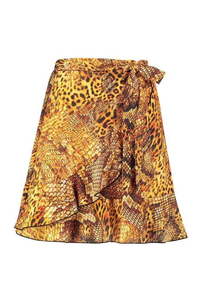 Womens Mixed Animal Print Ruffle Wrap Skirt - brown - 6, Brown