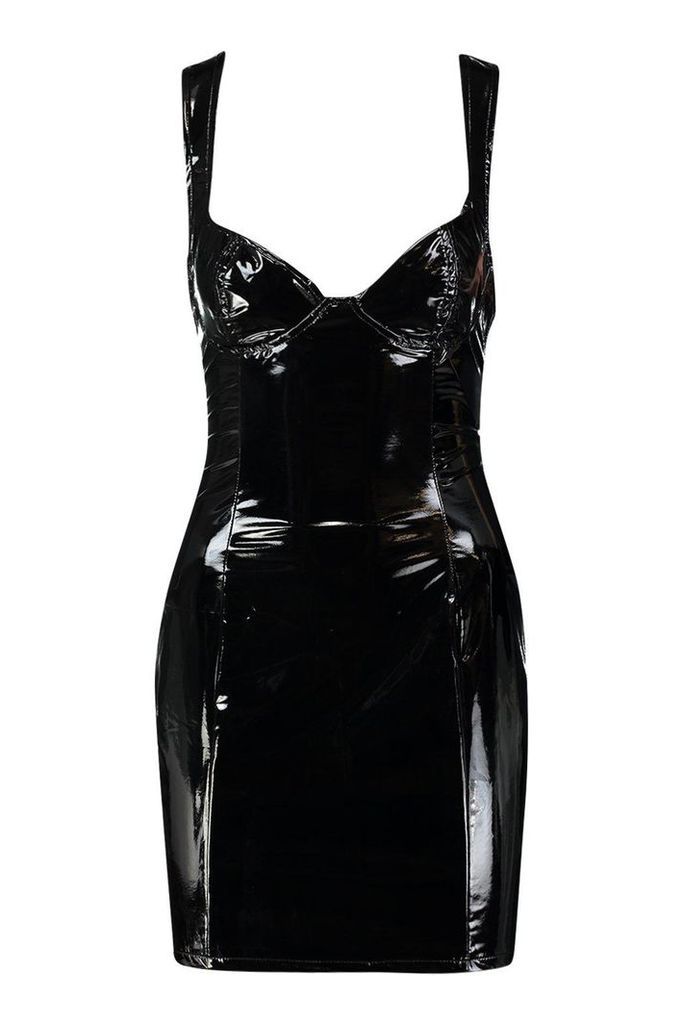 Womens Patent PU Mini Dress - black - S, Black