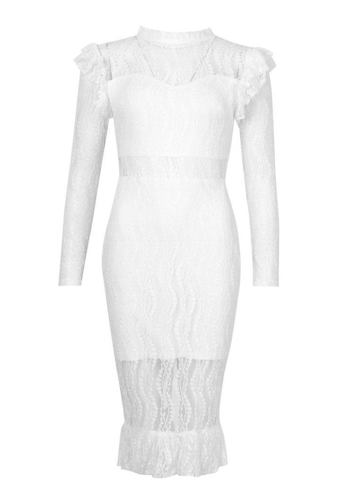 Womens Long Sleeve All Over Lace Midi Dress - white - M, White