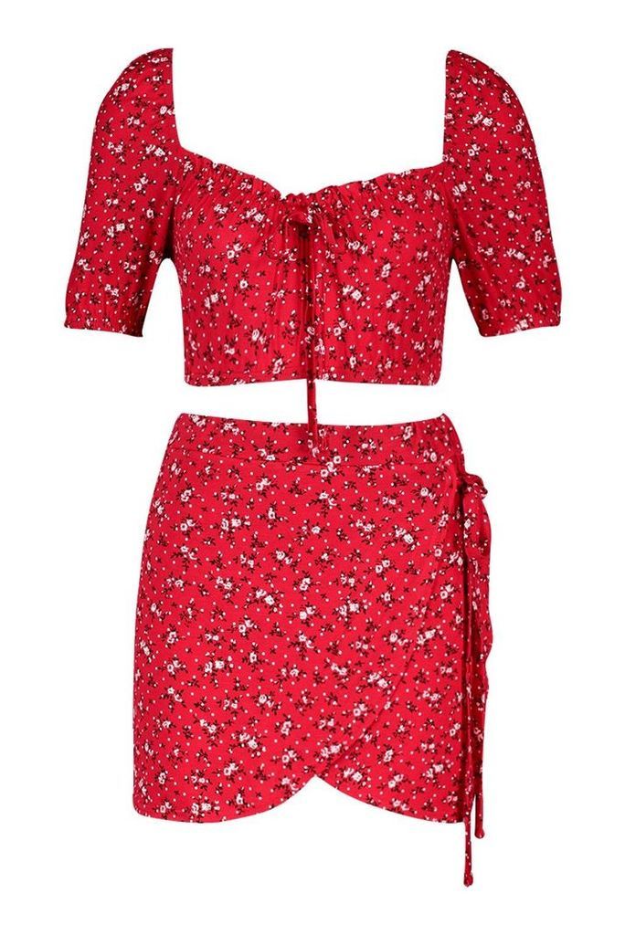 Womens Ditsy Print Top & Wrap Skort Co-Ord - red - 14, Red