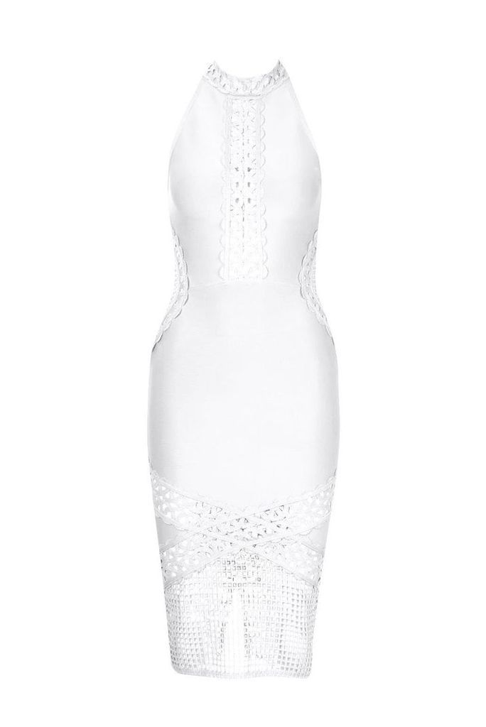 Womens Contour Bandage Crochet Insert Midi Dress - white - S, White