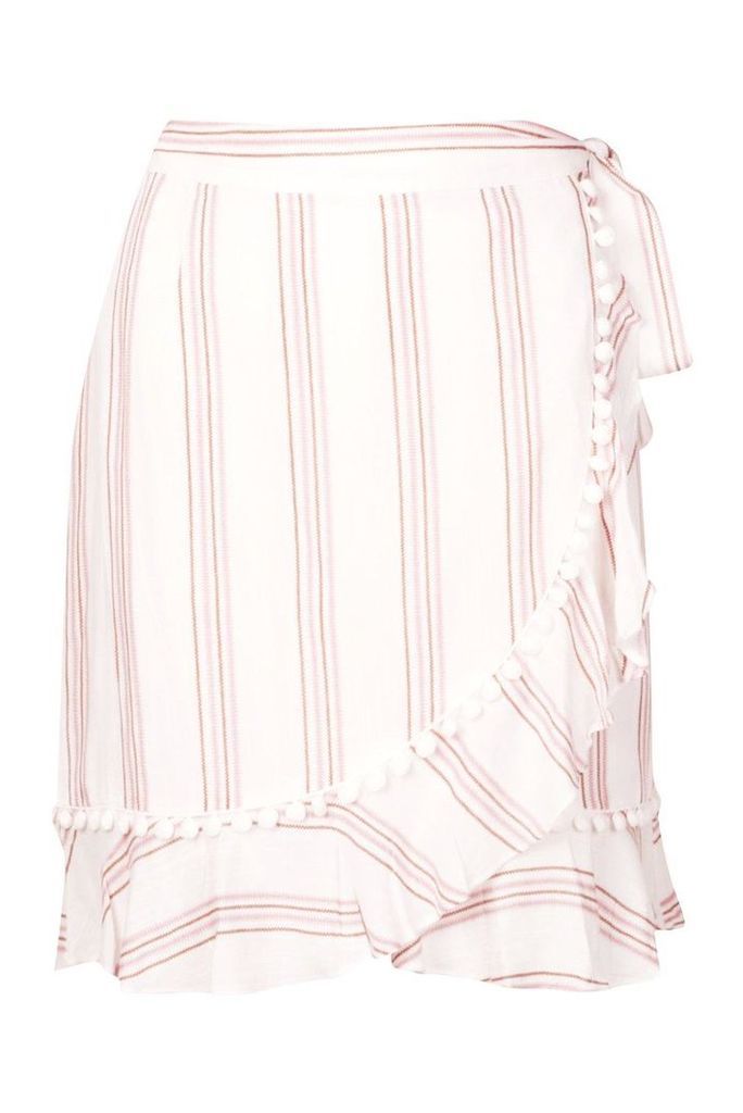 Womens Cotton Stripe Pom Pom Trim Frill Wrap Skirt - Pink - S, Pink
