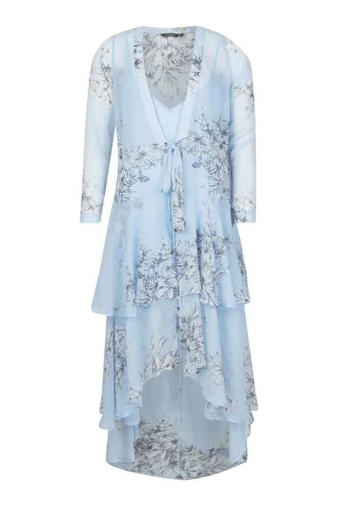 Womens Floral Chiffon Ruffle Layer Maxi Dress - blue - 12, Blue