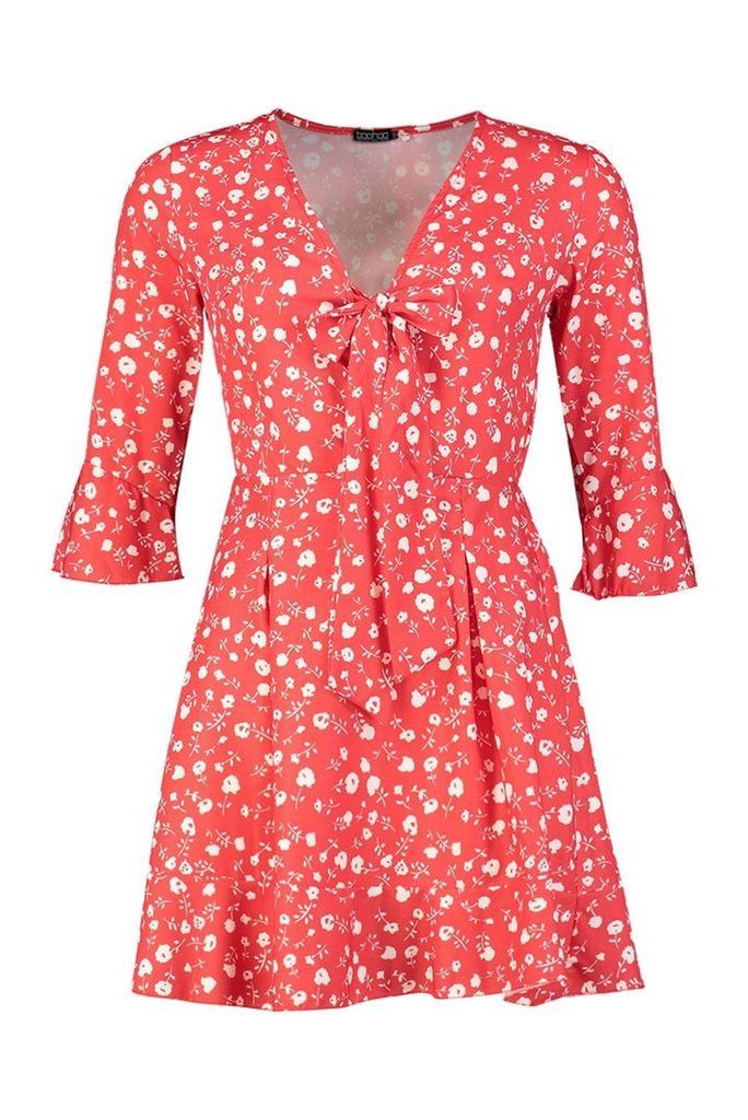 Womens Ditsy Floral Knot Front Dress - red - 10, Red