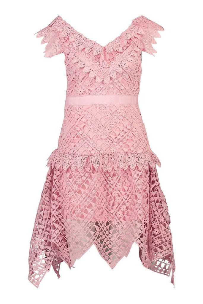 Womens All Over Crochet Skater Midi Dress - pink - S, Pink