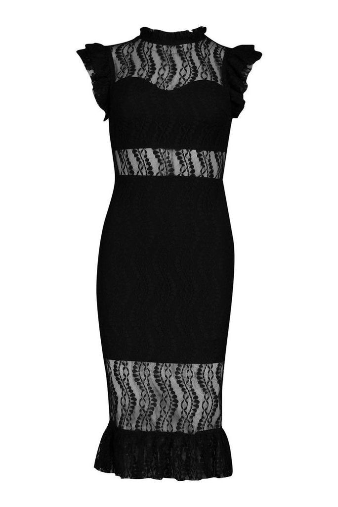 Womens All Over Lace Short Sleeve Midi Dress - black - S, Black
