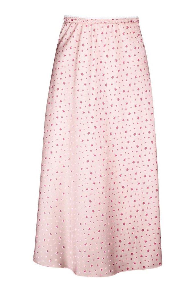 Womens Star Print Satin Bias Cut Midi Skirt - pink - 12, Pink