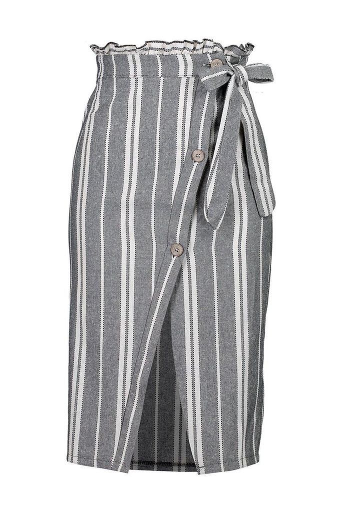 Womens Striped Linen Tie Waist Button Split Midi Skirt - blue - 4, Blue