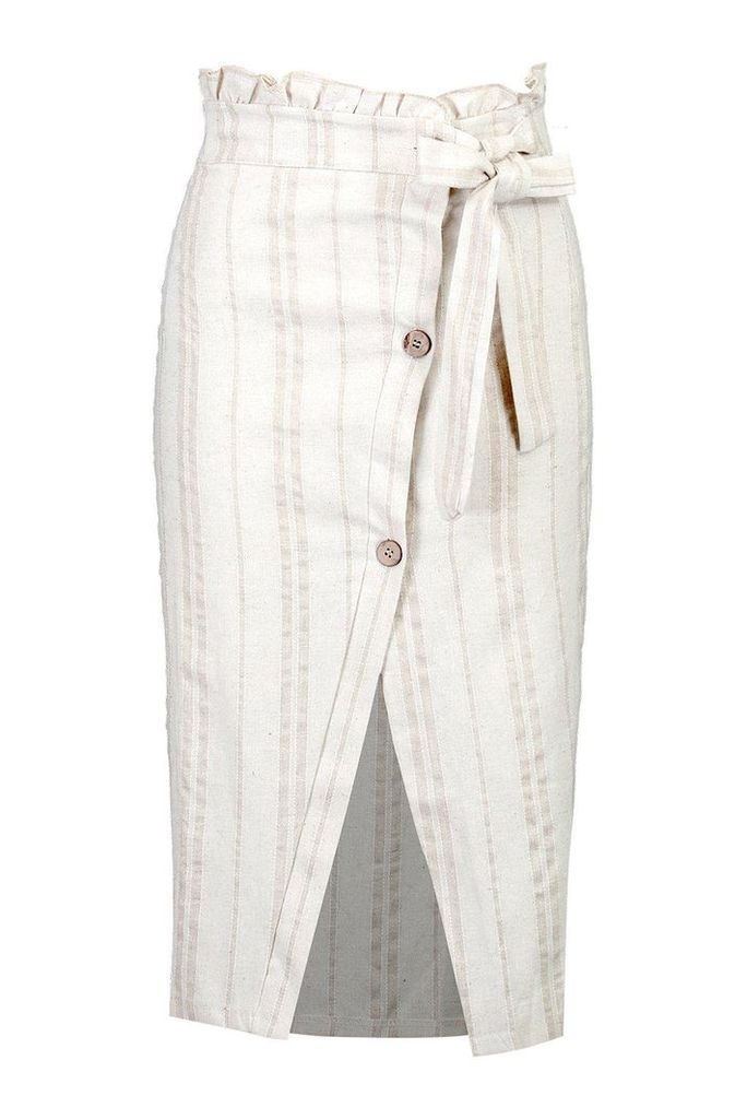 Womens Striped Linen Tie Waist Button Split Midi Skirt - beige - 4, Beige