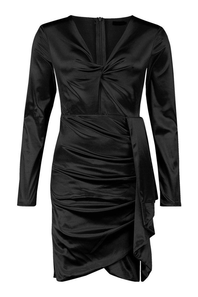 Womens Satin Twist Front Ruched Side Dress - black - L, Black