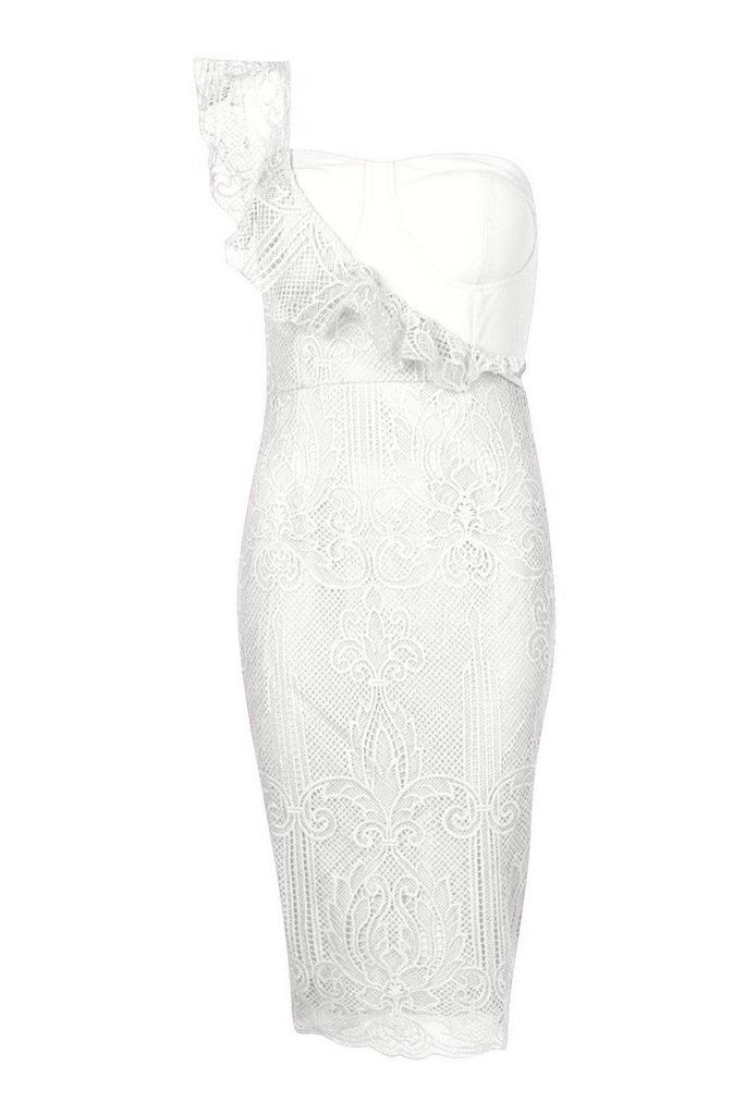 Womens Lace One Shoulder Midi Dress - white - 8, White