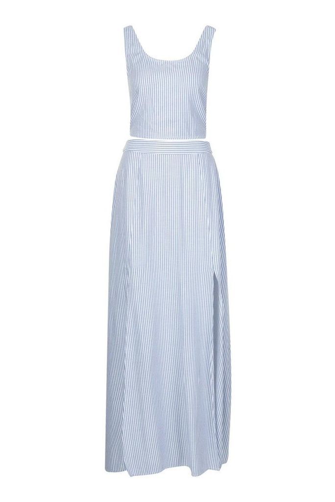 Womens Stripe Twist Back Top & Split Maxi Skirt Co-Ord - white - 12, White